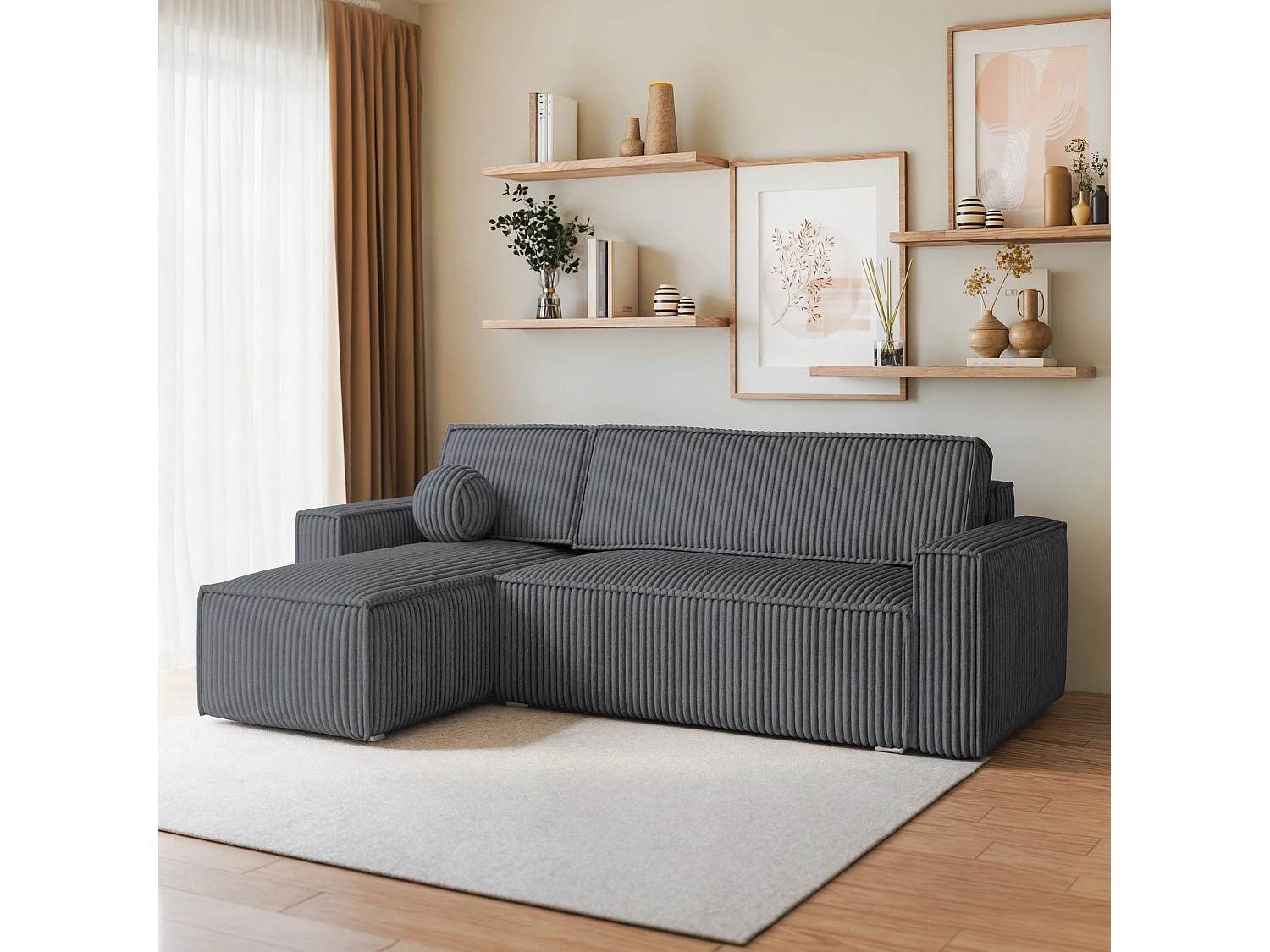 Canapé d'angle RAVELO Gris anthracite en velours côtelé avec fonction de couchage