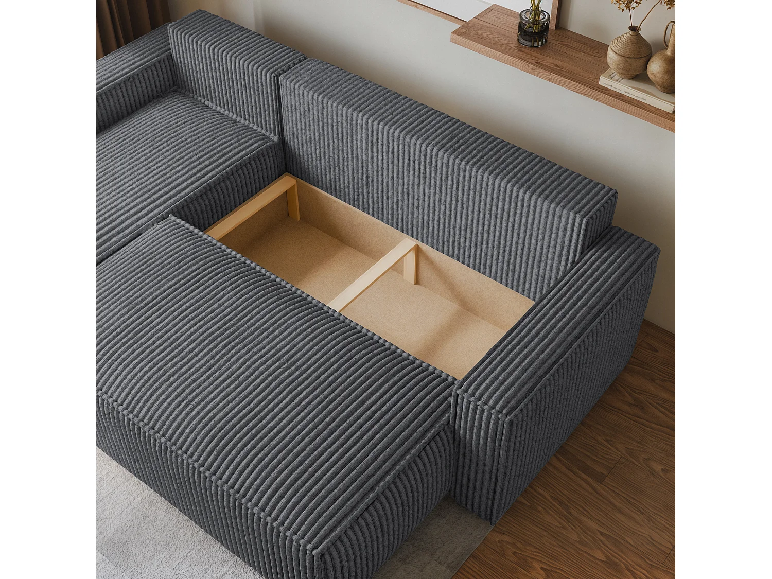 Canapé d'angle RAVELO Gris anthracite en velours côtelé avec fonction de couchage