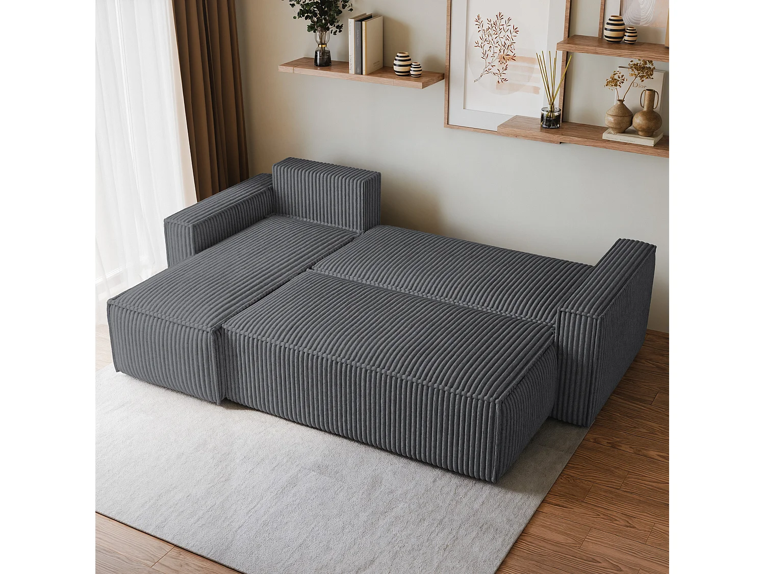 Canapé d'angle RAVELO Gris anthracite en velours côtelé avec fonction de couchage