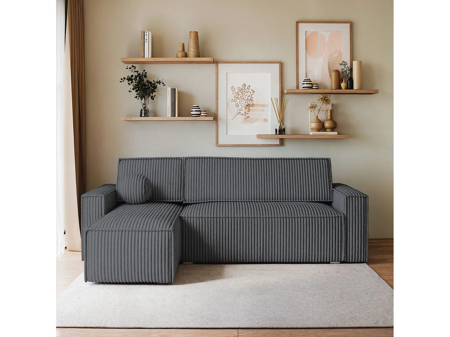 Canapé d'angle RAVELO Gris anthracite en velours côtelé avec fonction de couchage