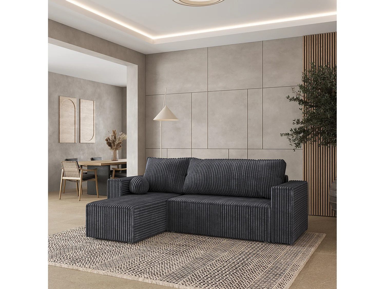 Canapé d'angle RAVELO Gris anthracite en velours côtelé avec fonction de couchage