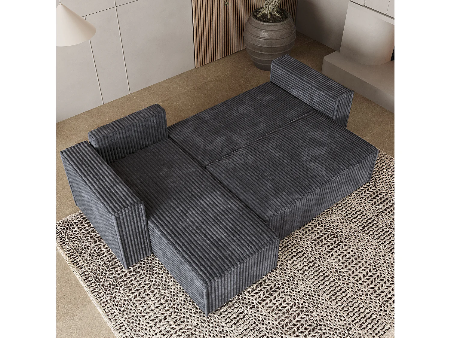 Canapé d'angle RAVELO Gris anthracite en velours côtelé avec fonction de couchage