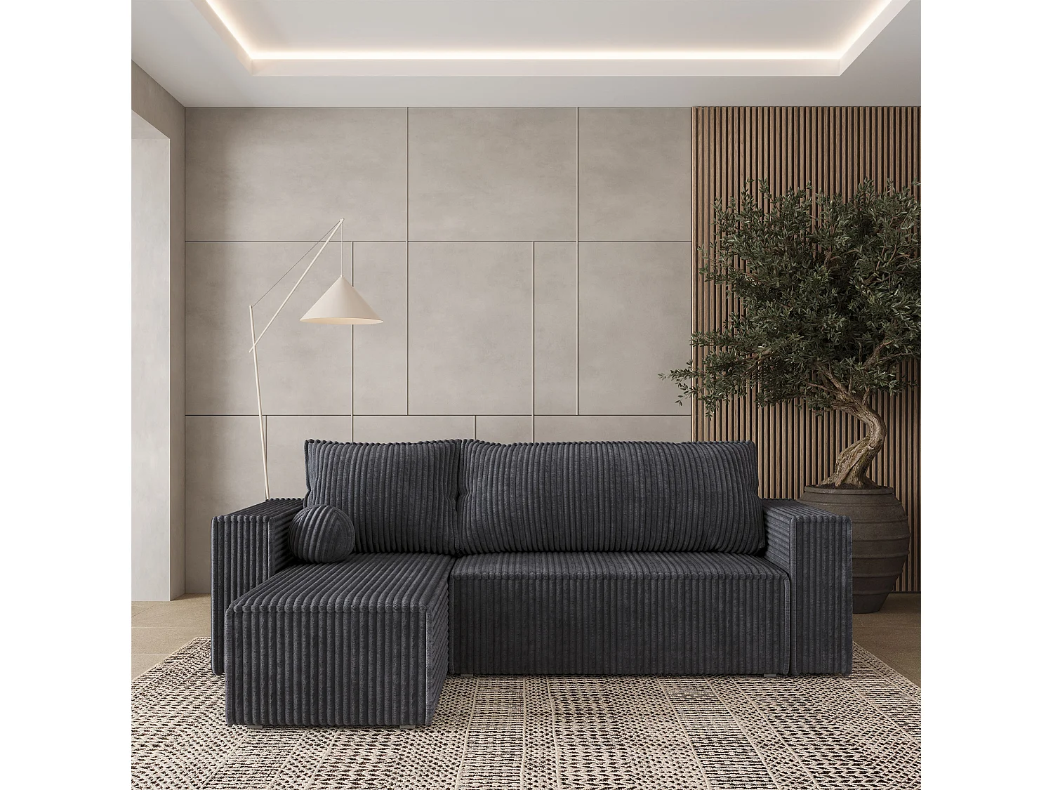 Canapé d'angle RAVELO Gris anthracite en velours côtelé avec fonction de couchage