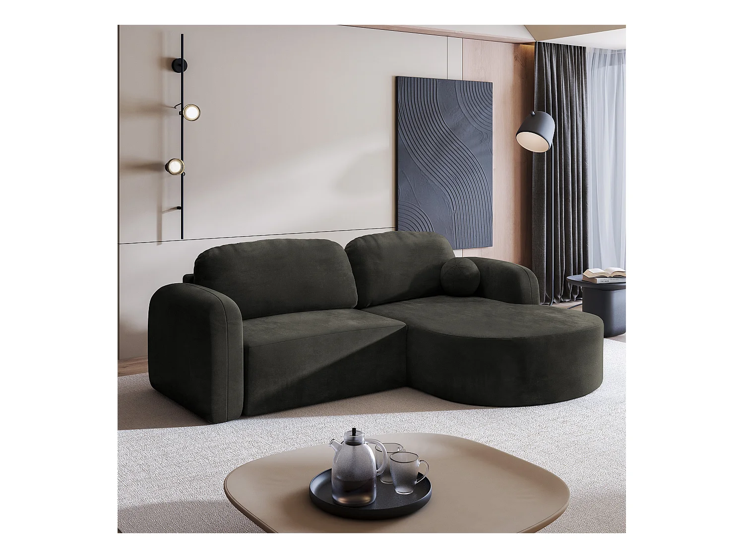 Canapé d'angle AMILIA Noir en velours avec fonction de couchage