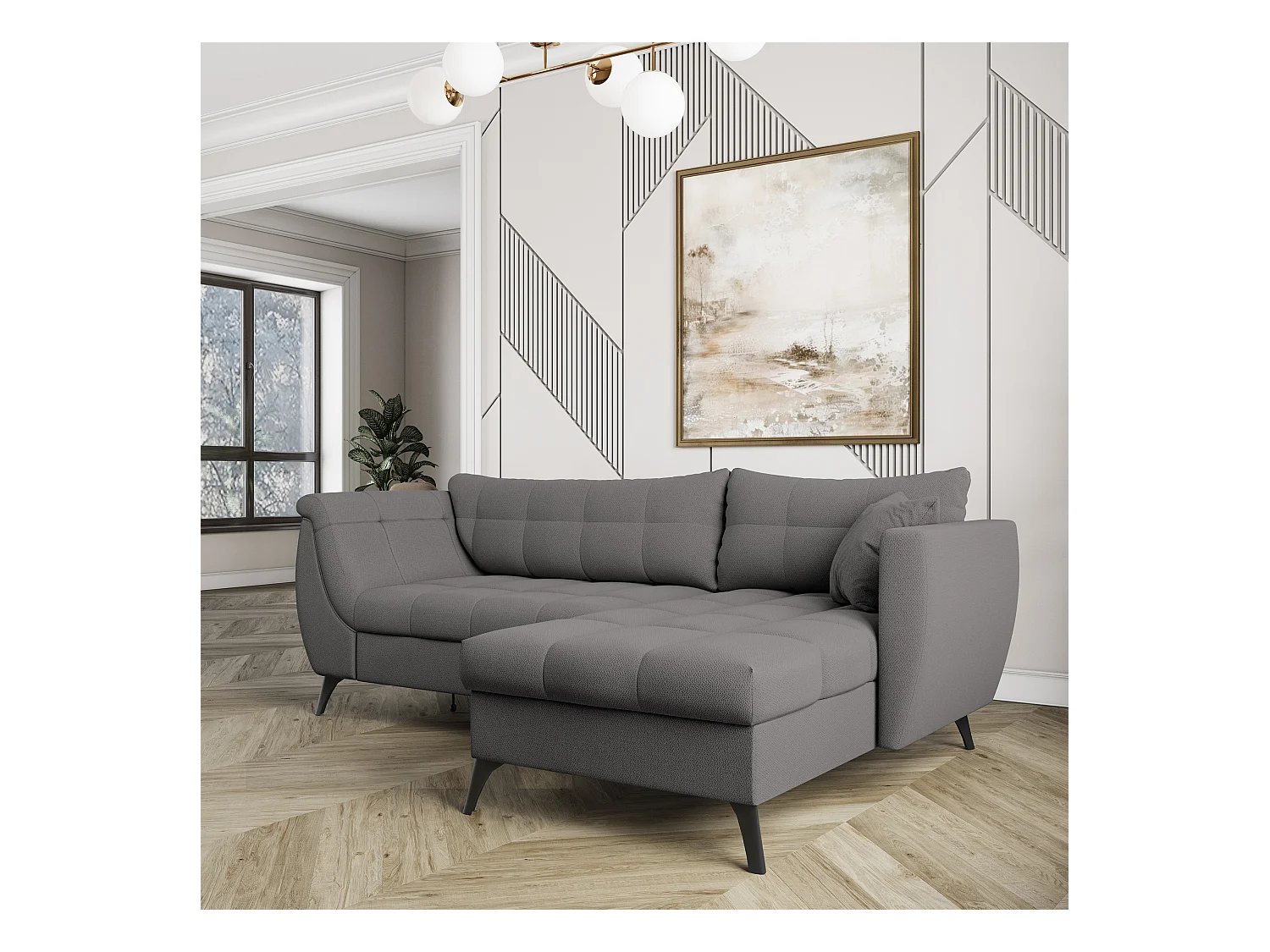 Canapé d'angle MOLLIS Gris en tissu texturé avec fonction de couchage