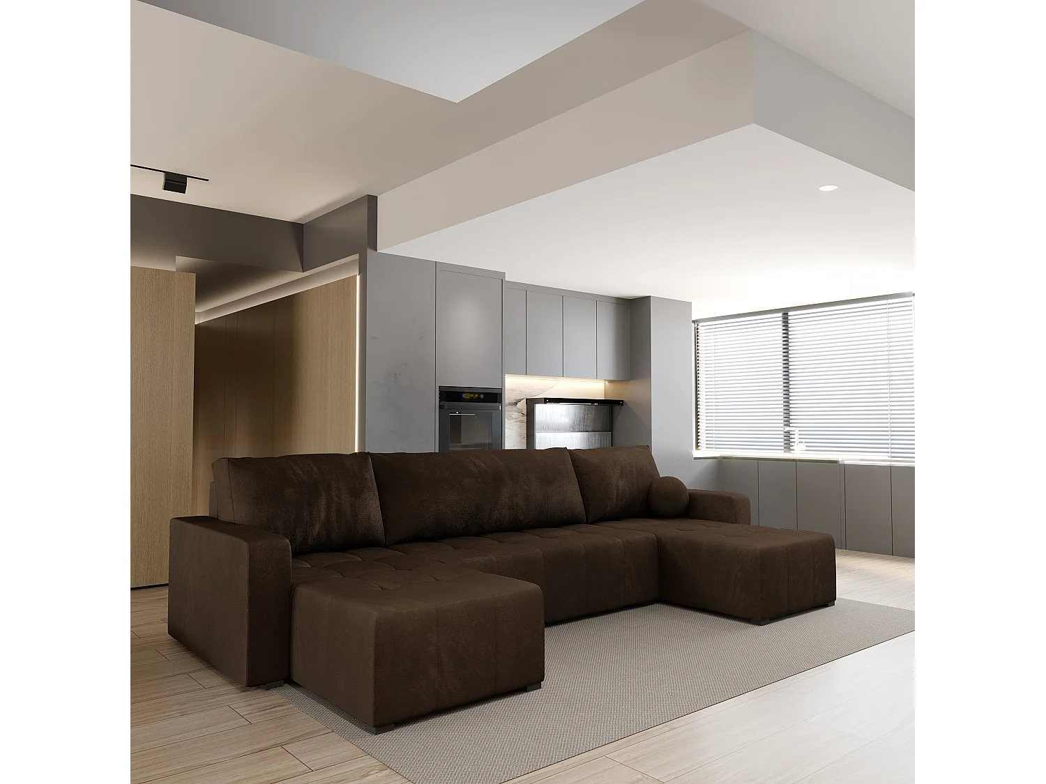 Canapé d'angle TOLARI Marron en peluche avec fonction de couchage