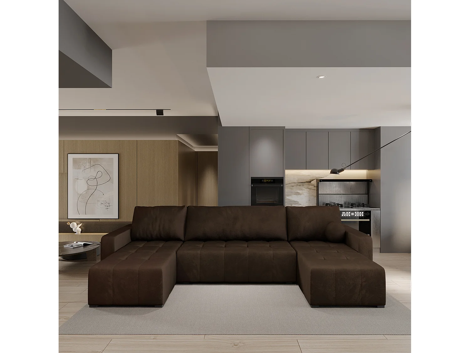 Canapé d'angle TOLARI Marron en peluche avec fonction de couchage