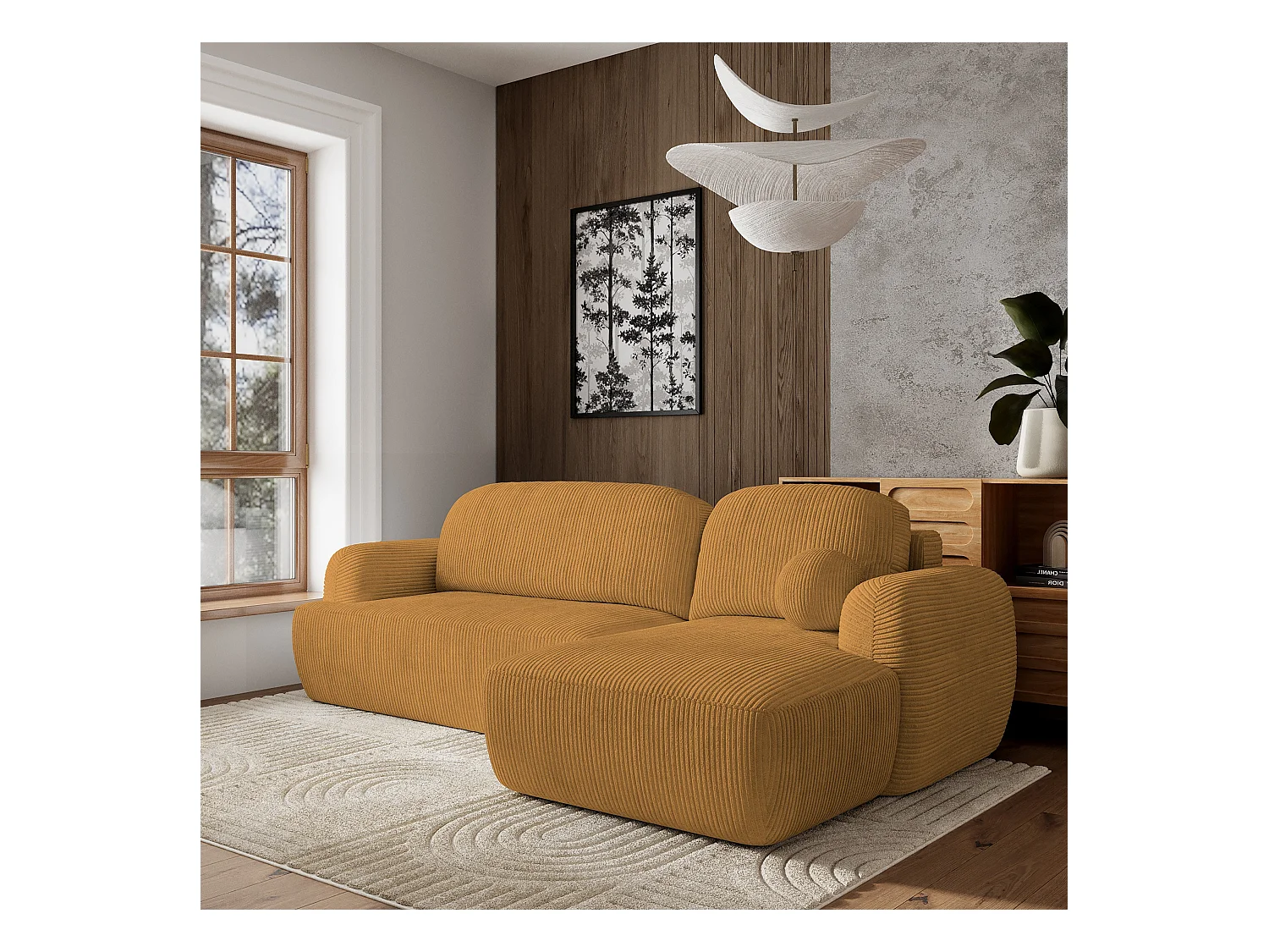 Canapé d'angle MODENZA Jaune en velours côtelé avec fonction de couchage