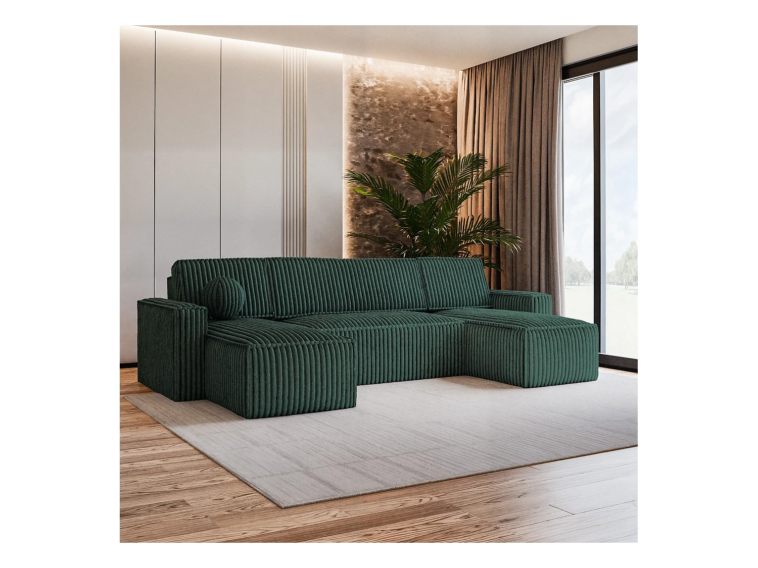 Canapé d'angle PESANO Vert Sapin en velours côtelé avec fonction de couchage