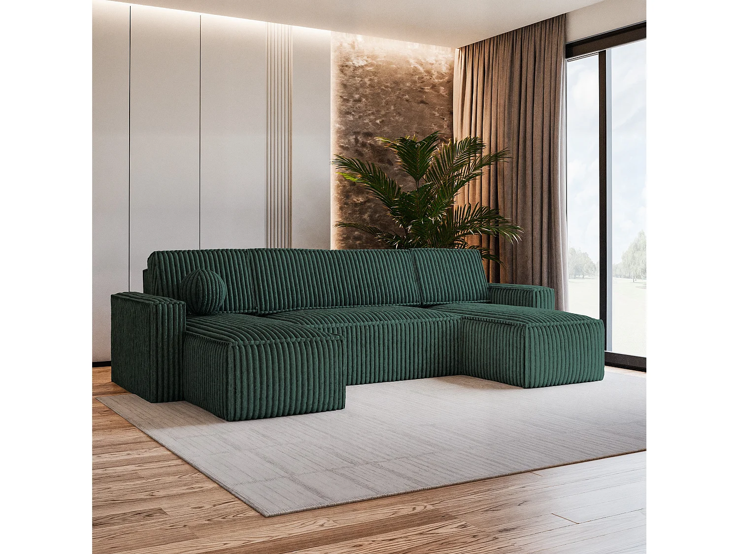 Canapé d'angle PESANO Vert Sapin en velours côtelé avec fonction de couchage