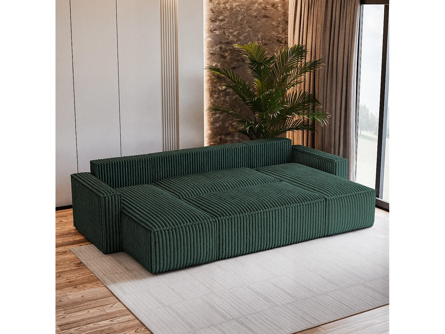 Canapé d'angle PESANO Vert Sapin en velours côtelé avec fonction de couchage