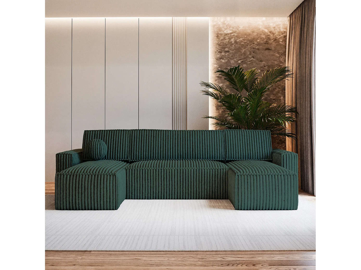 Canapé d'angle PESANO Vert Sapin en velours côtelé avec fonction de couchage