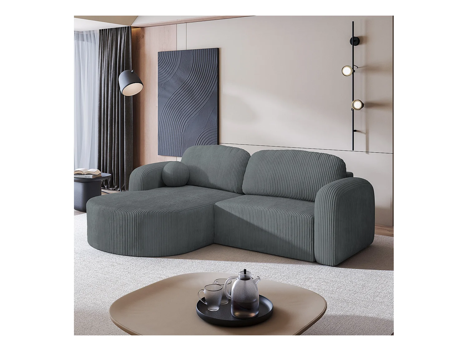 Canapé d'angle AMILIA Gris en velours côtelé avec fonction de couchage