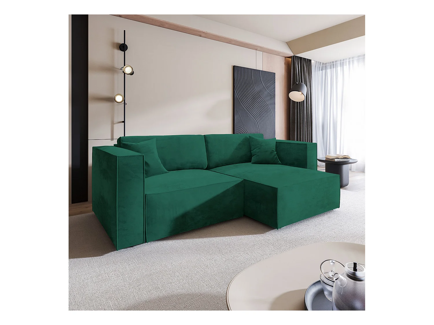 Canapé d'angle NERIO Vert Sapin en velours avec fonction de couchage