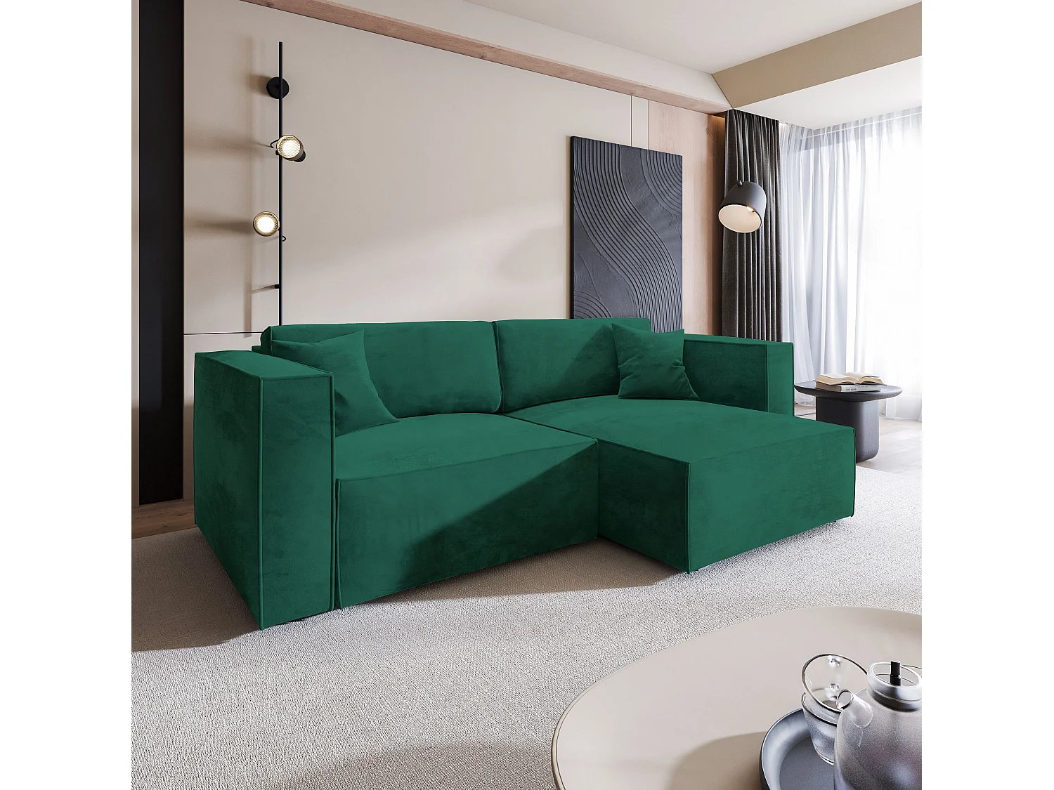 Canapé d'angle NERIO Vert Sapin en velours avec fonction de couchage