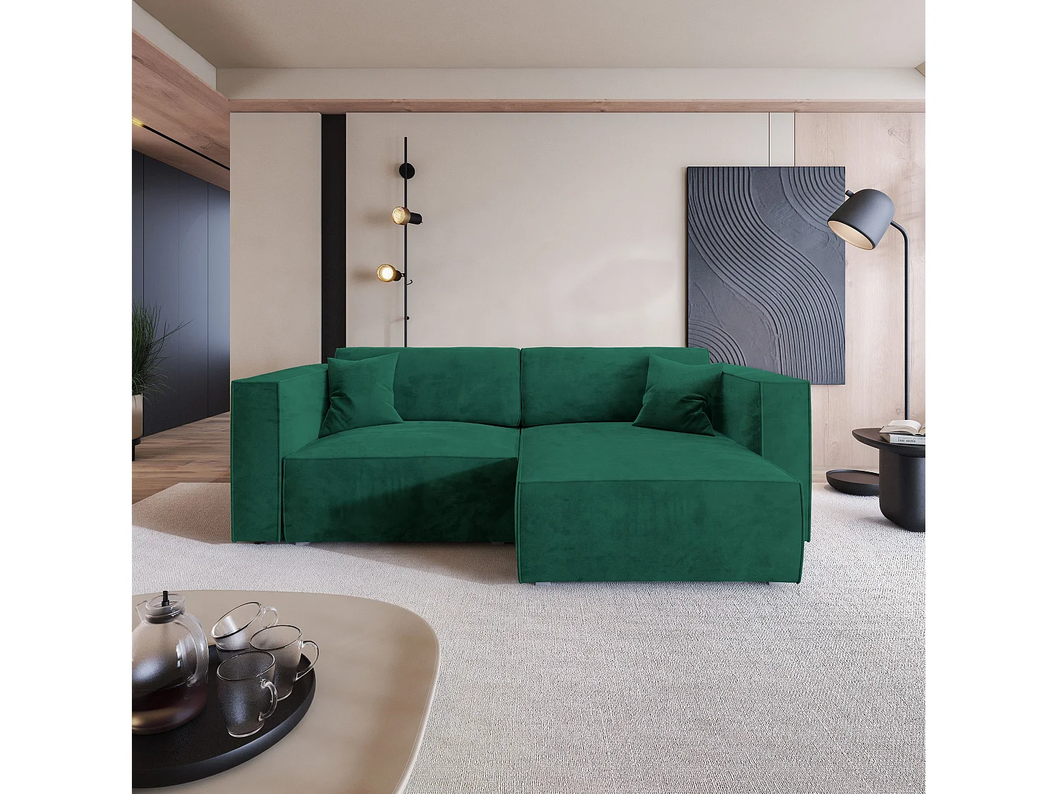 Canapé d'angle NERIO Vert Sapin en velours avec fonction de couchage