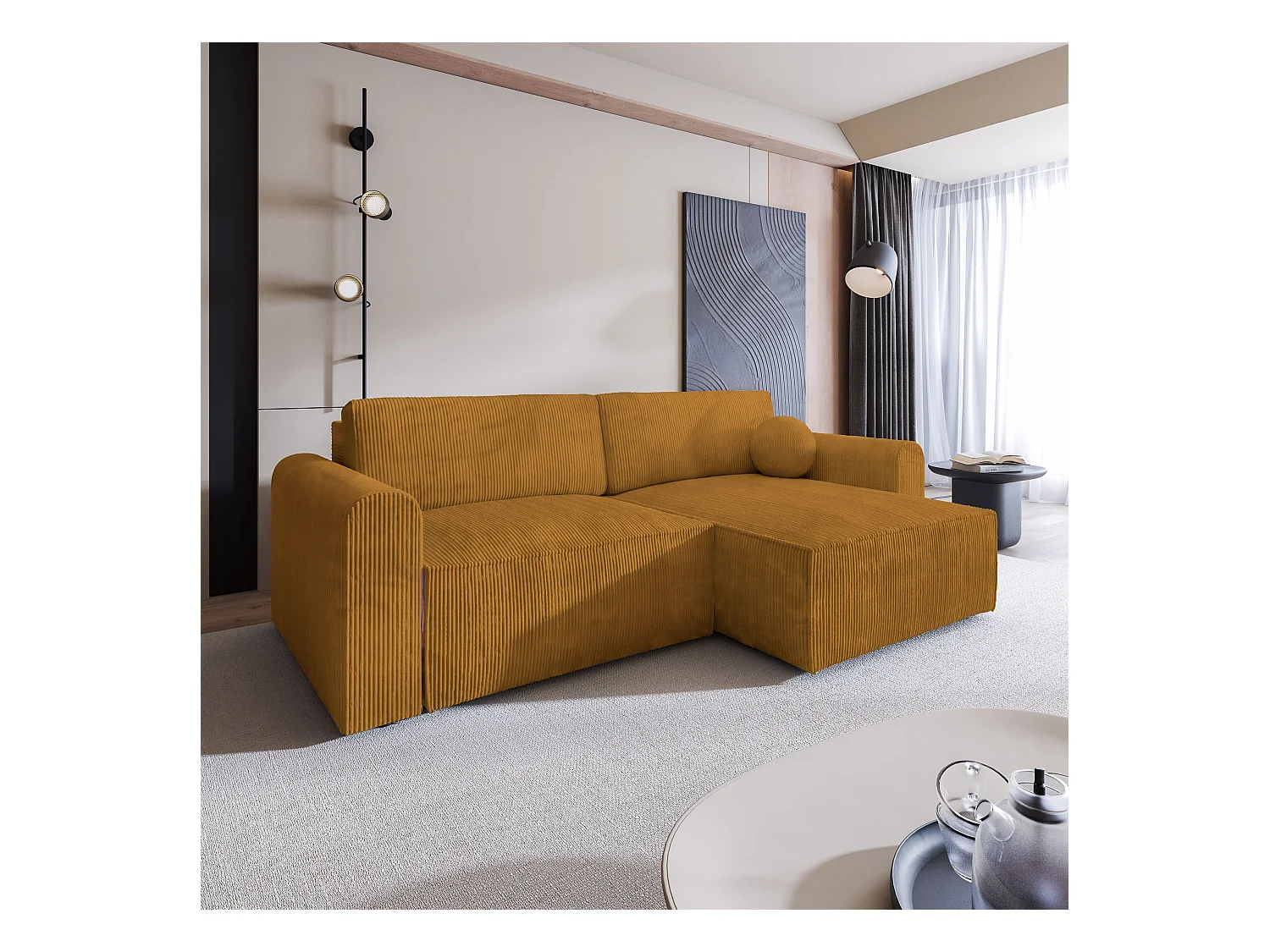 Canapé d'angle FIANO Jaune en velours côtelé avec fonction de couchage