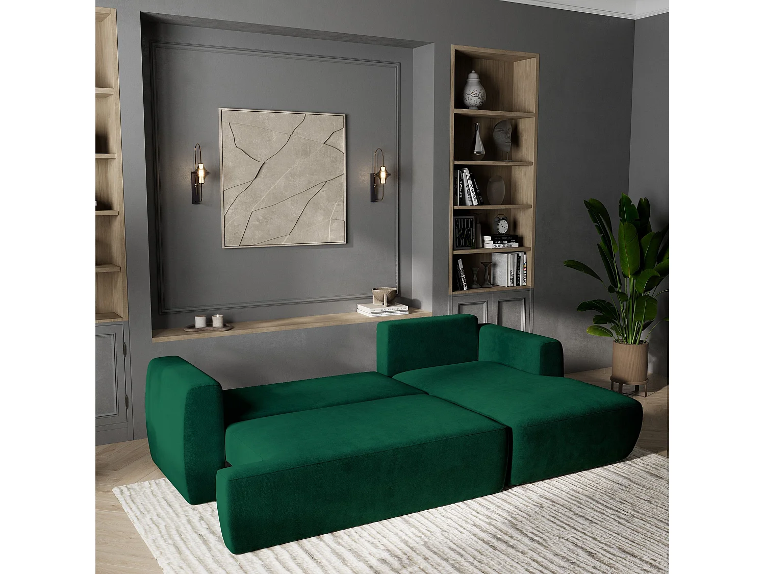 Canapé d'angle SENTI Vert Sapin en peluche avec fonction de couchage