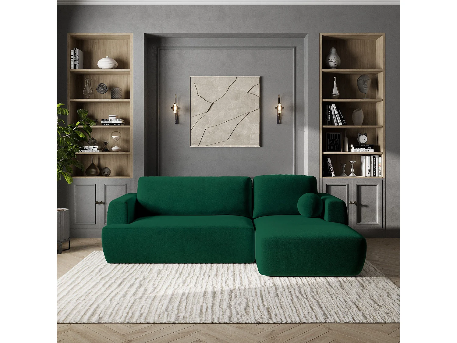 Canapé d'angle SENTI Vert Sapin en peluche avec fonction de couchage