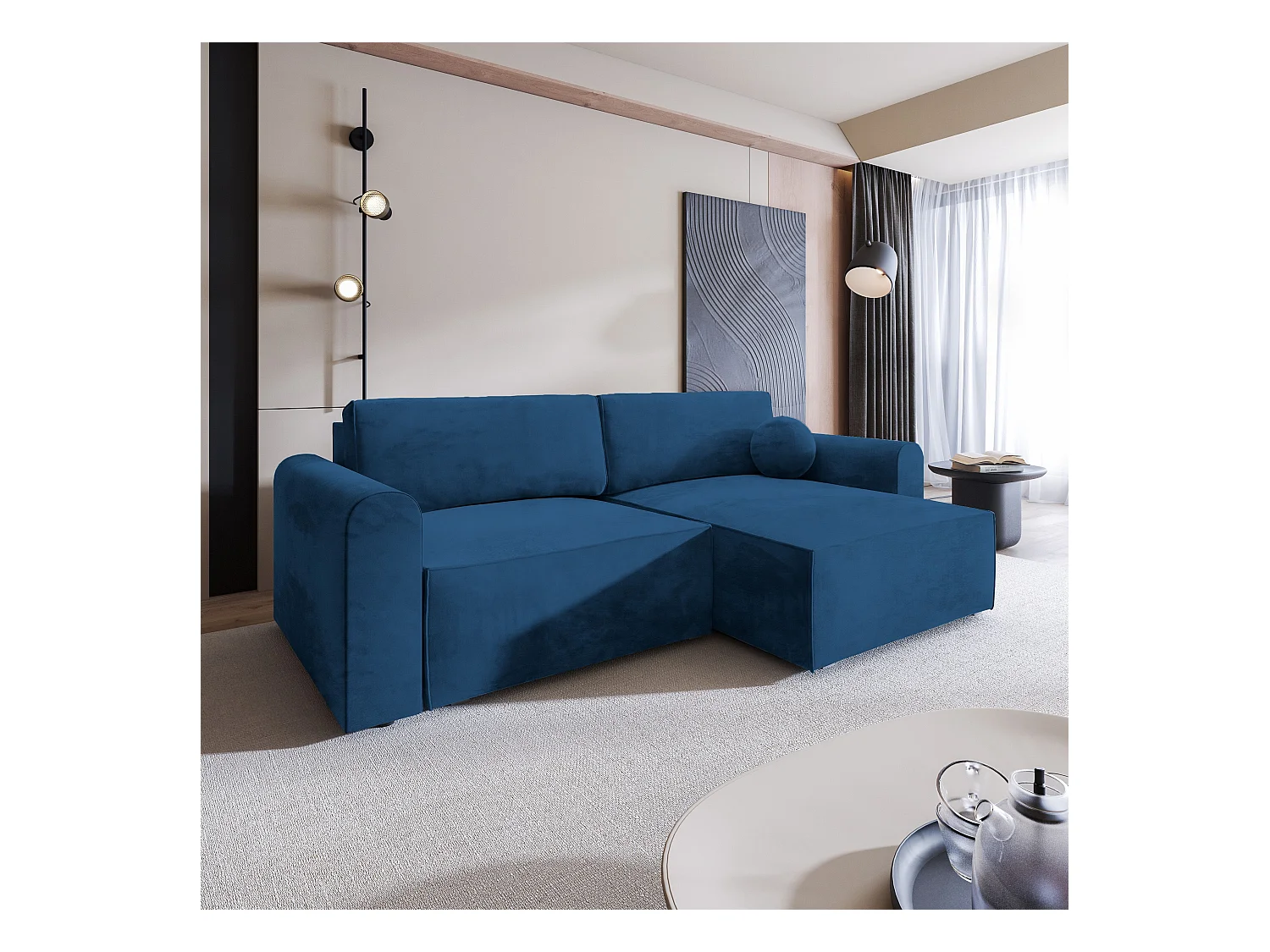 Canapé d'angle FIANO Bleu en velours avec fonction de couchage