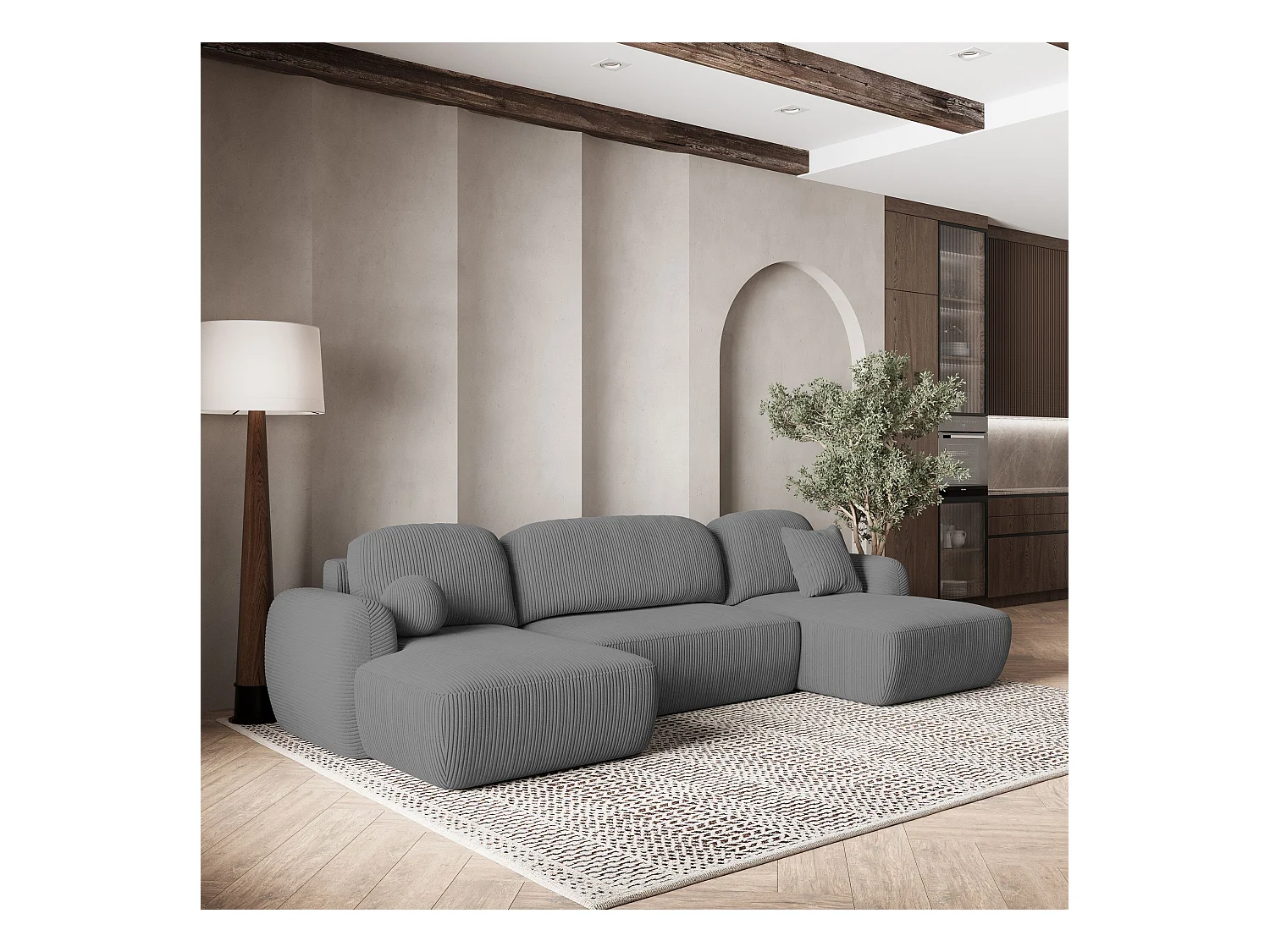 Canapé d'angle SAVONA Gris en velours côtelé avec fonction de couchage