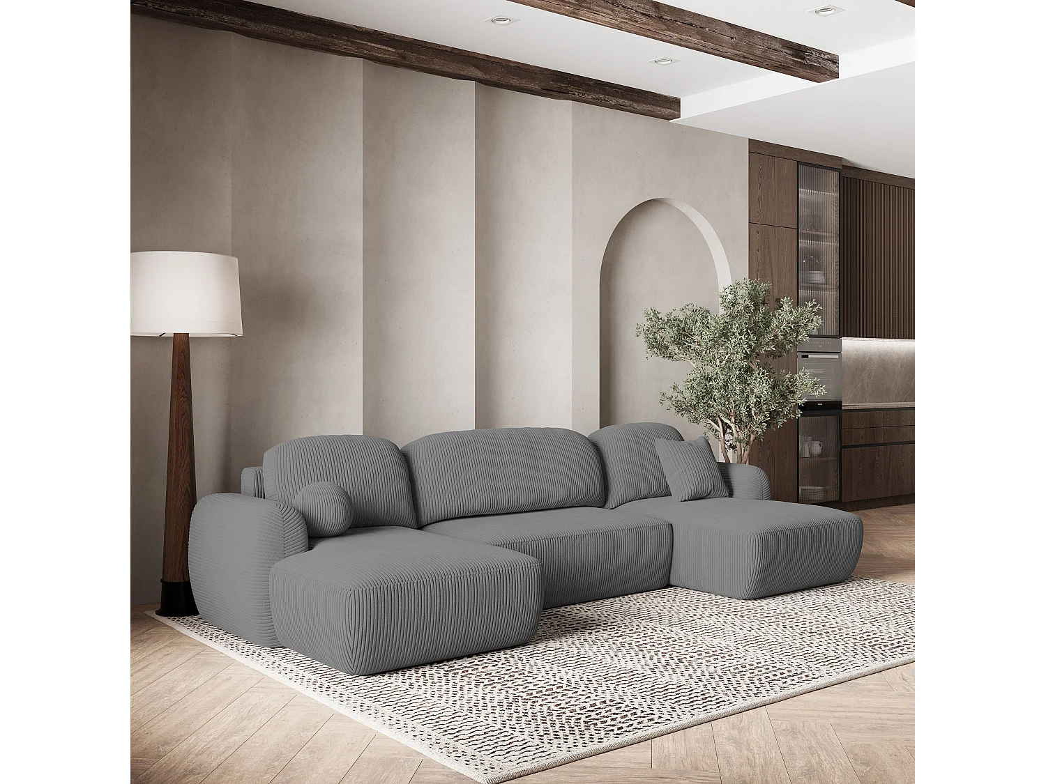 Canapé d'angle SAVONA Gris en velours côtelé avec fonction de couchage