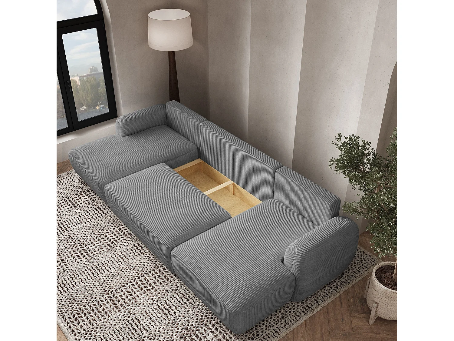 Canapé d'angle SAVONA Gris en velours côtelé avec fonction de couchage