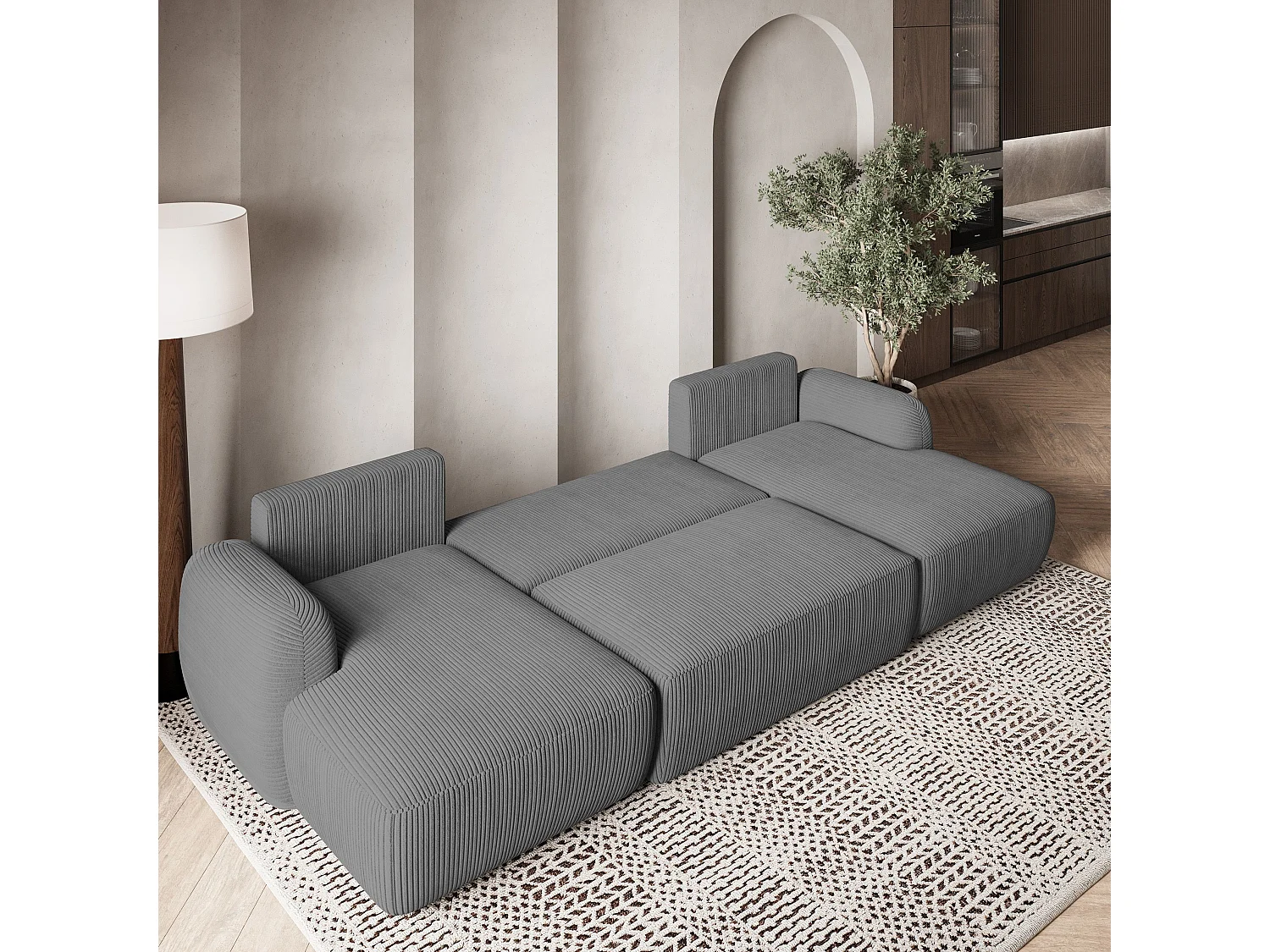 Canapé d'angle SAVONA Gris en velours côtelé avec fonction de couchage