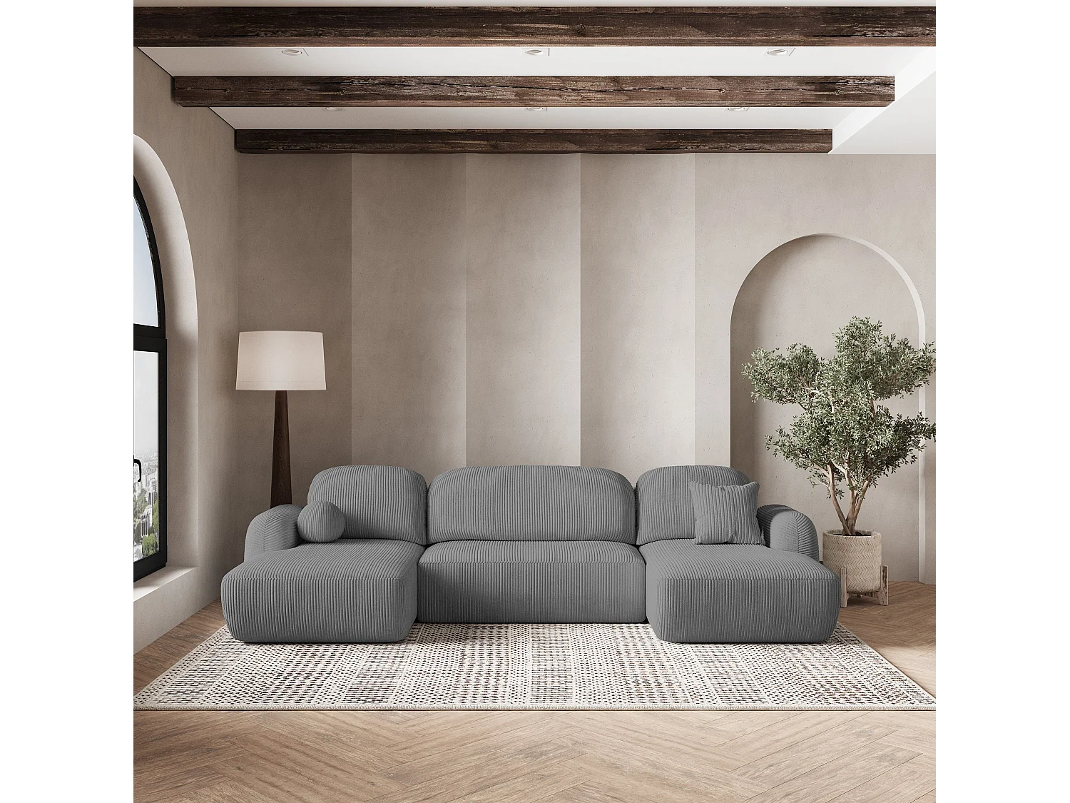 Canapé d'angle SAVONA Gris en velours côtelé avec fonction de couchage