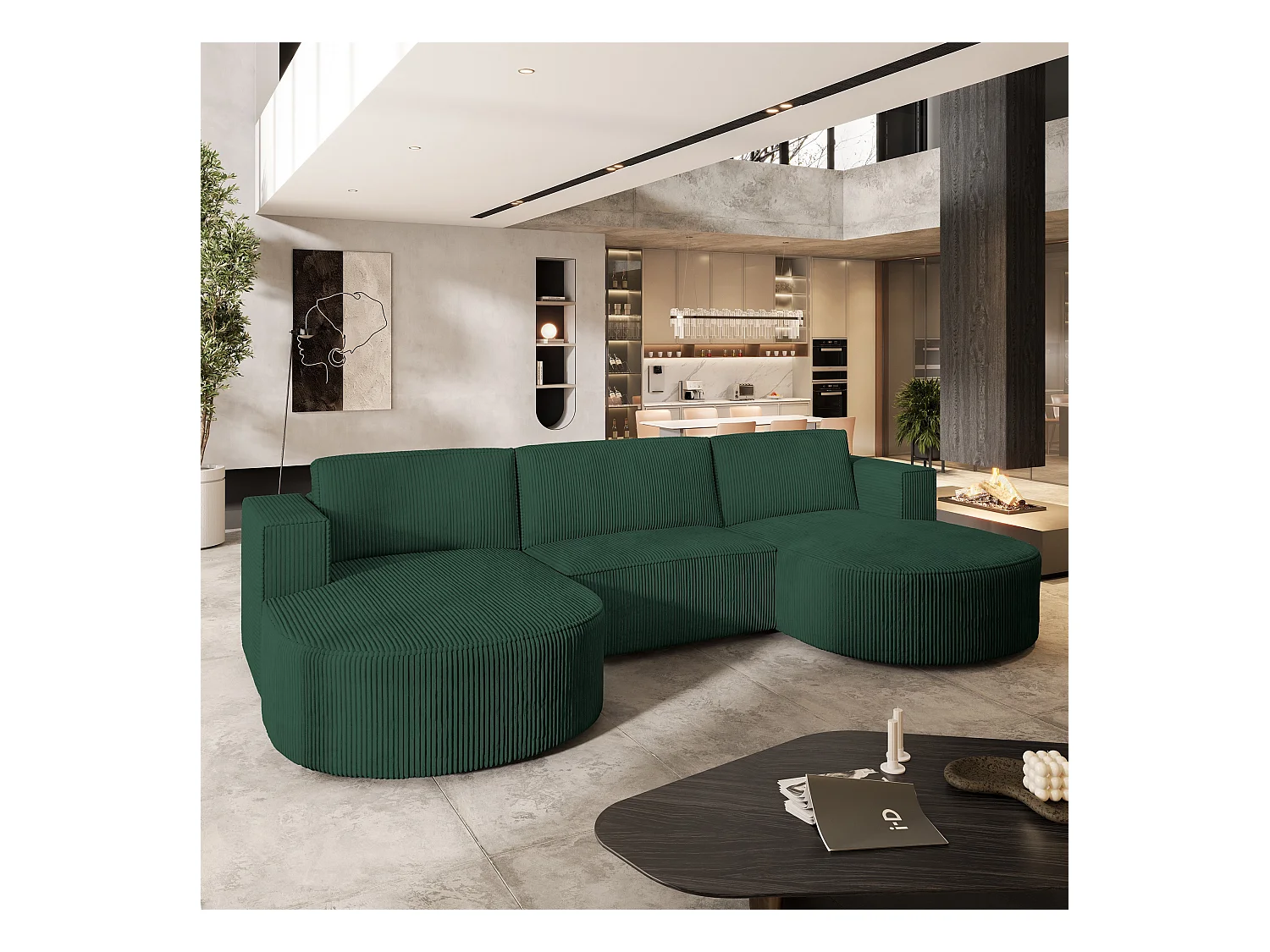 Canapé d'angle VEZZO Vert en velours côtelé avec fonction de couchage