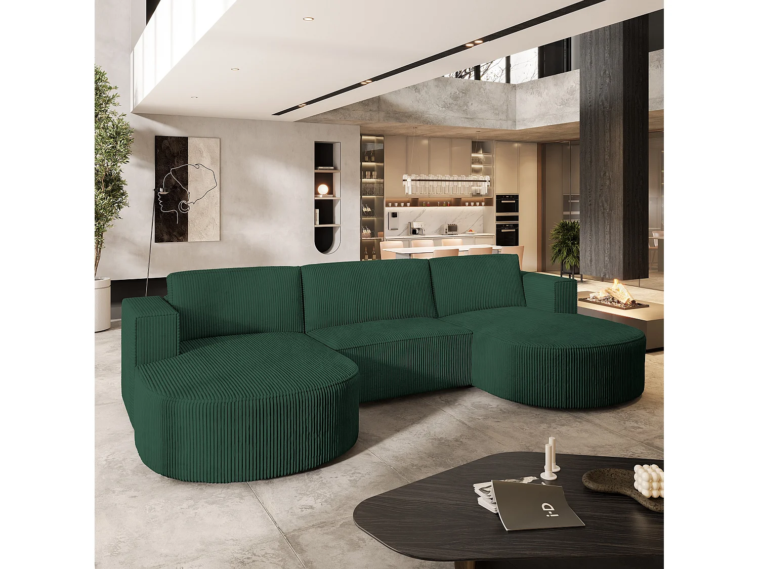 Canapé d'angle VEZZO Vert en velours côtelé avec fonction de couchage