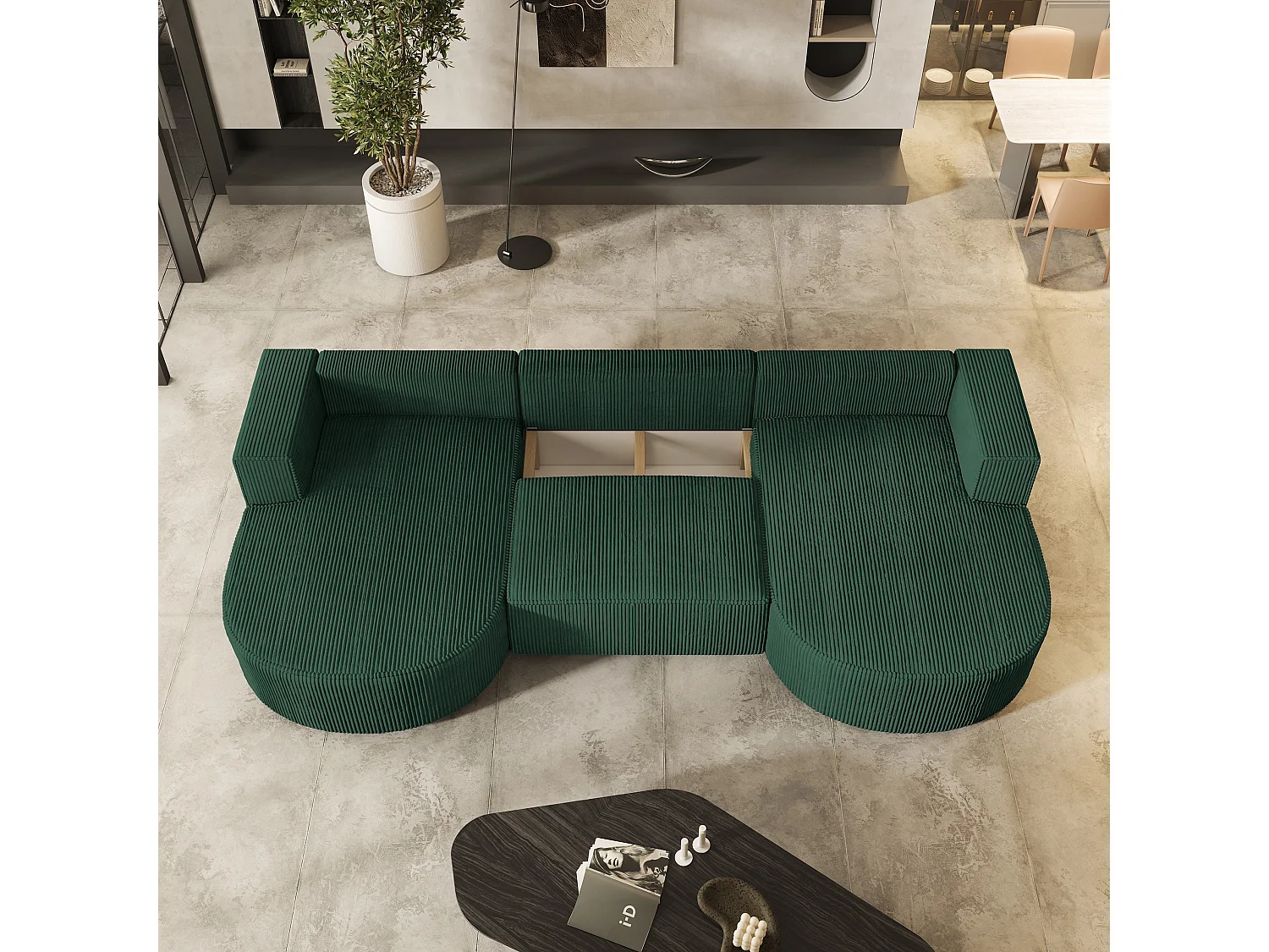 Canapé d'angle VEZZO Vert en velours côtelé avec fonction de couchage