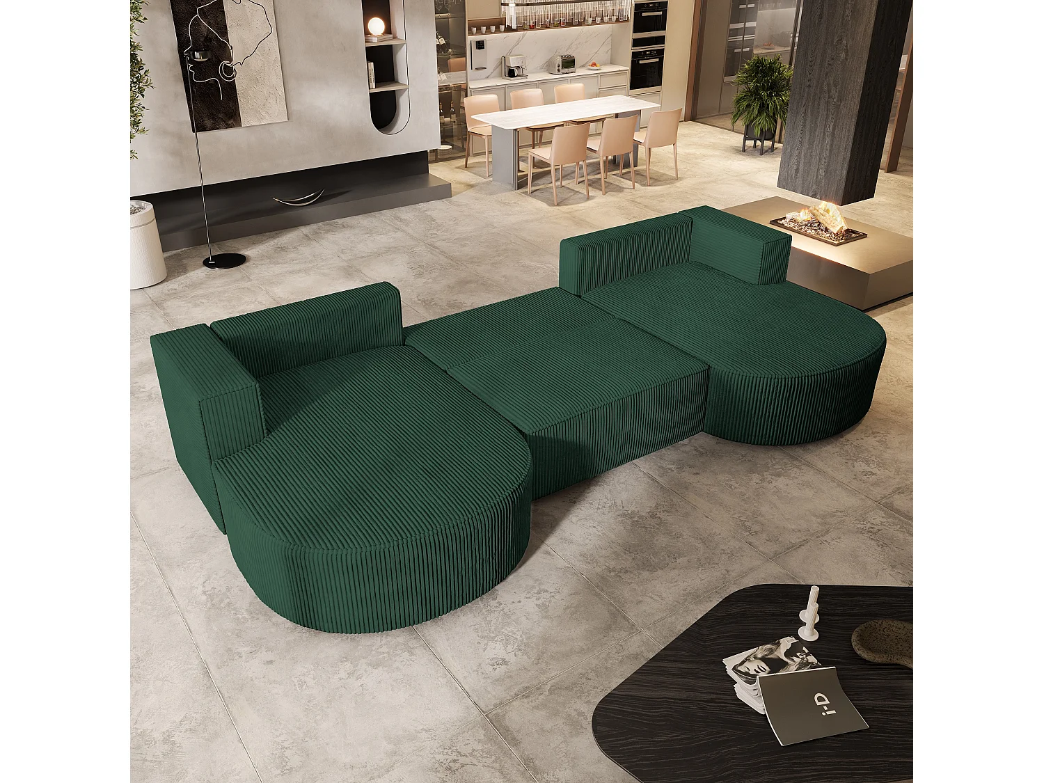 Canapé d'angle VEZZO Vert en velours côtelé avec fonction de couchage