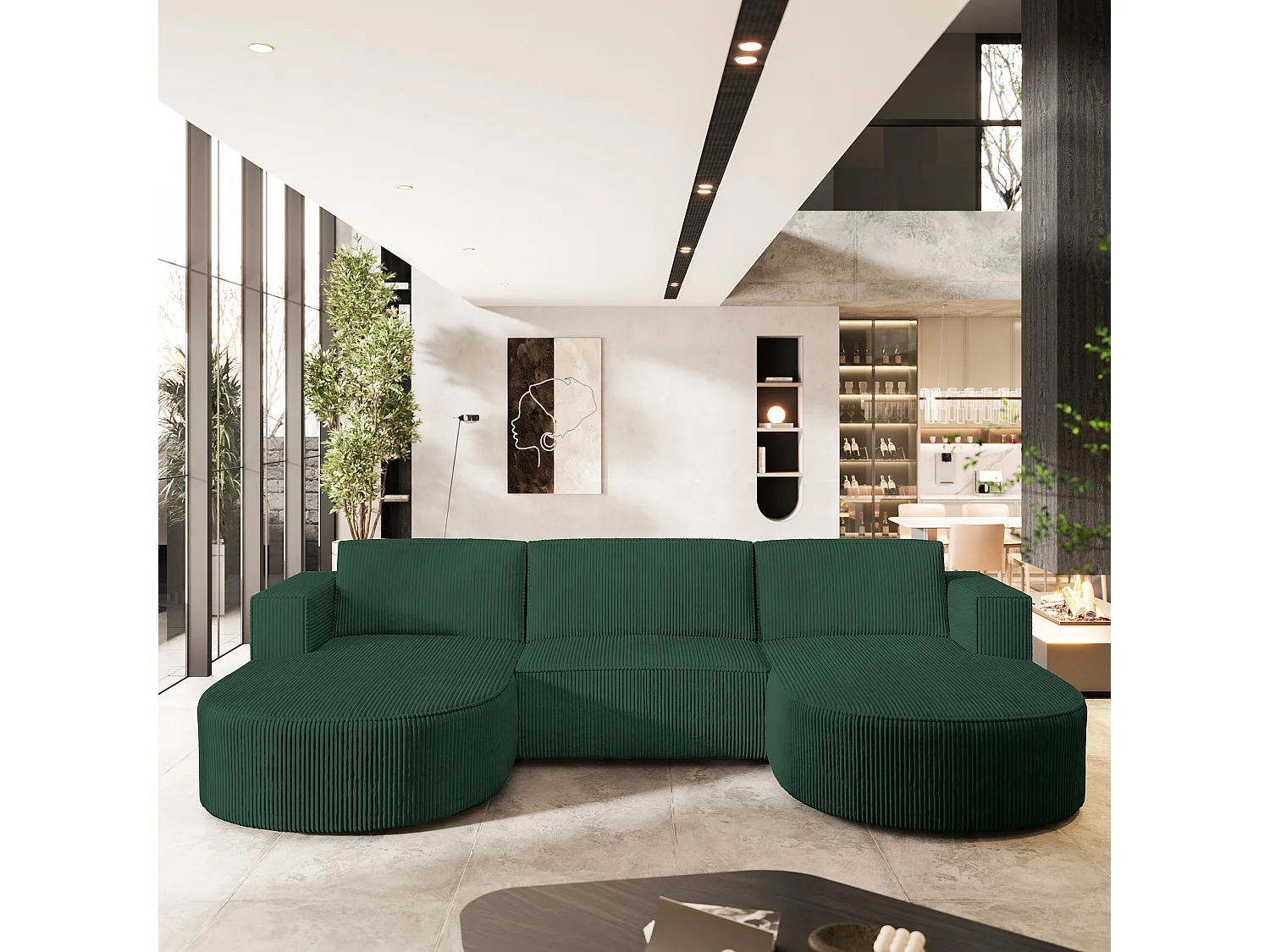 Canapé d'angle VEZZO Vert en velours côtelé avec fonction de couchage