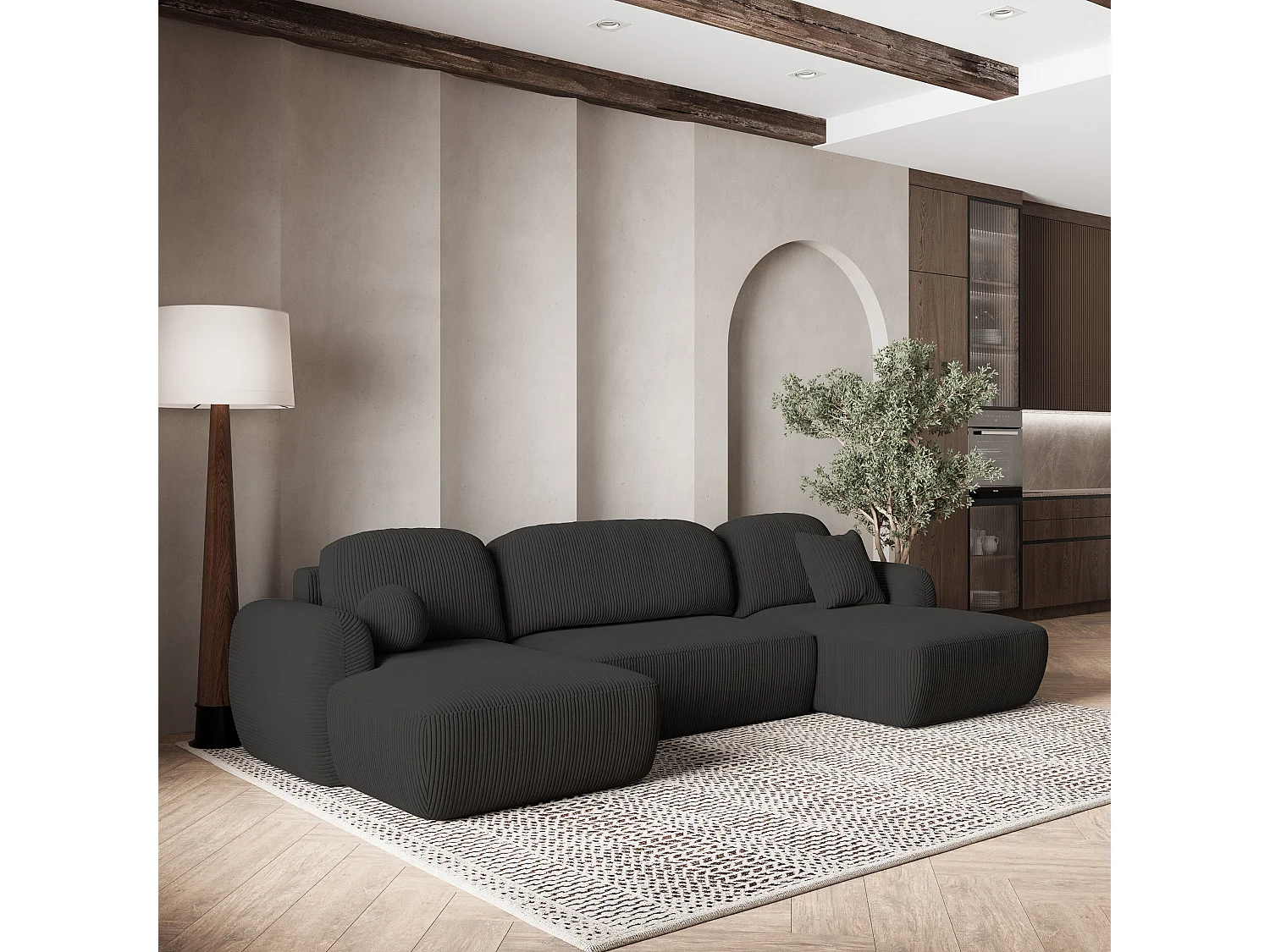 Canapé d'angle SAVONA Noir en velours côtelé avec fonction de couchage