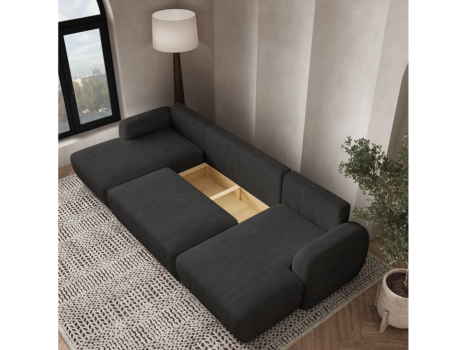 Canapé d'angle SAVONA Noir en velours côtelé avec fonction de couchage