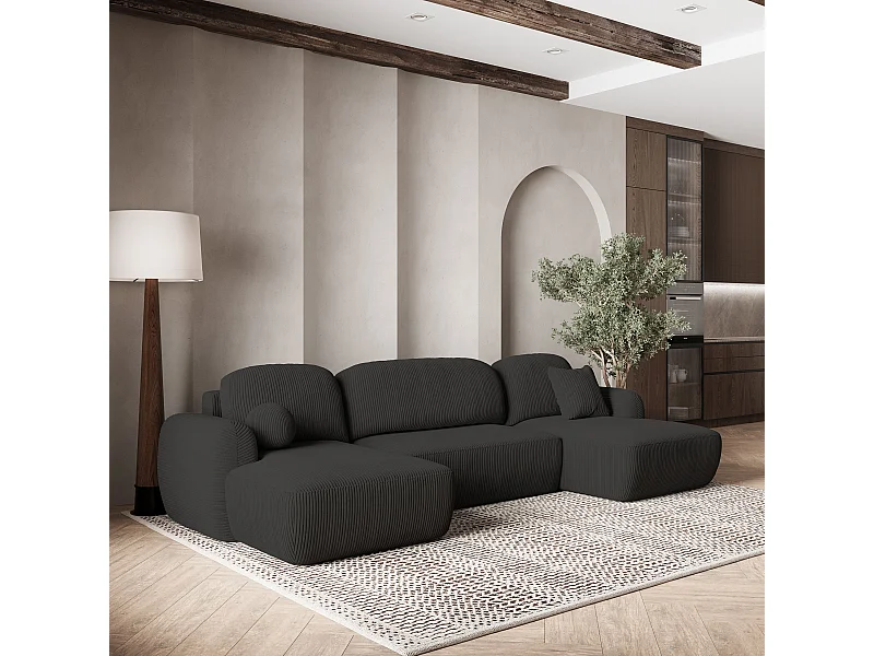 Canapé d'angle SAVONA Noir en velours côtelé avec fonction de couchage