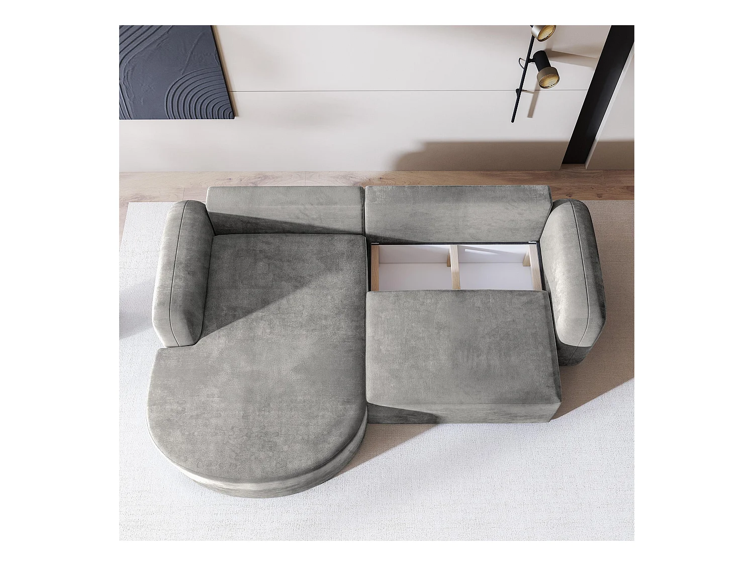 Canapé d'angle AMILIA Parme en velours avec fonction de couchage