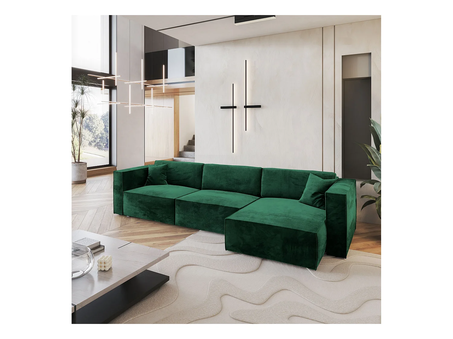 Canapé d'angle TOLMO Vert Sapin en velours avec fonction de couchage