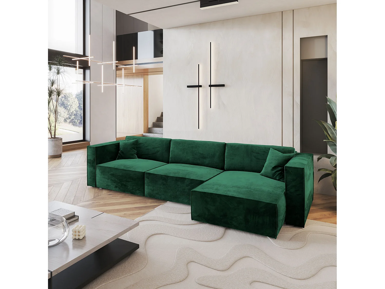 Canapé d'angle TOLMO Vert Sapin en velours avec fonction de couchage