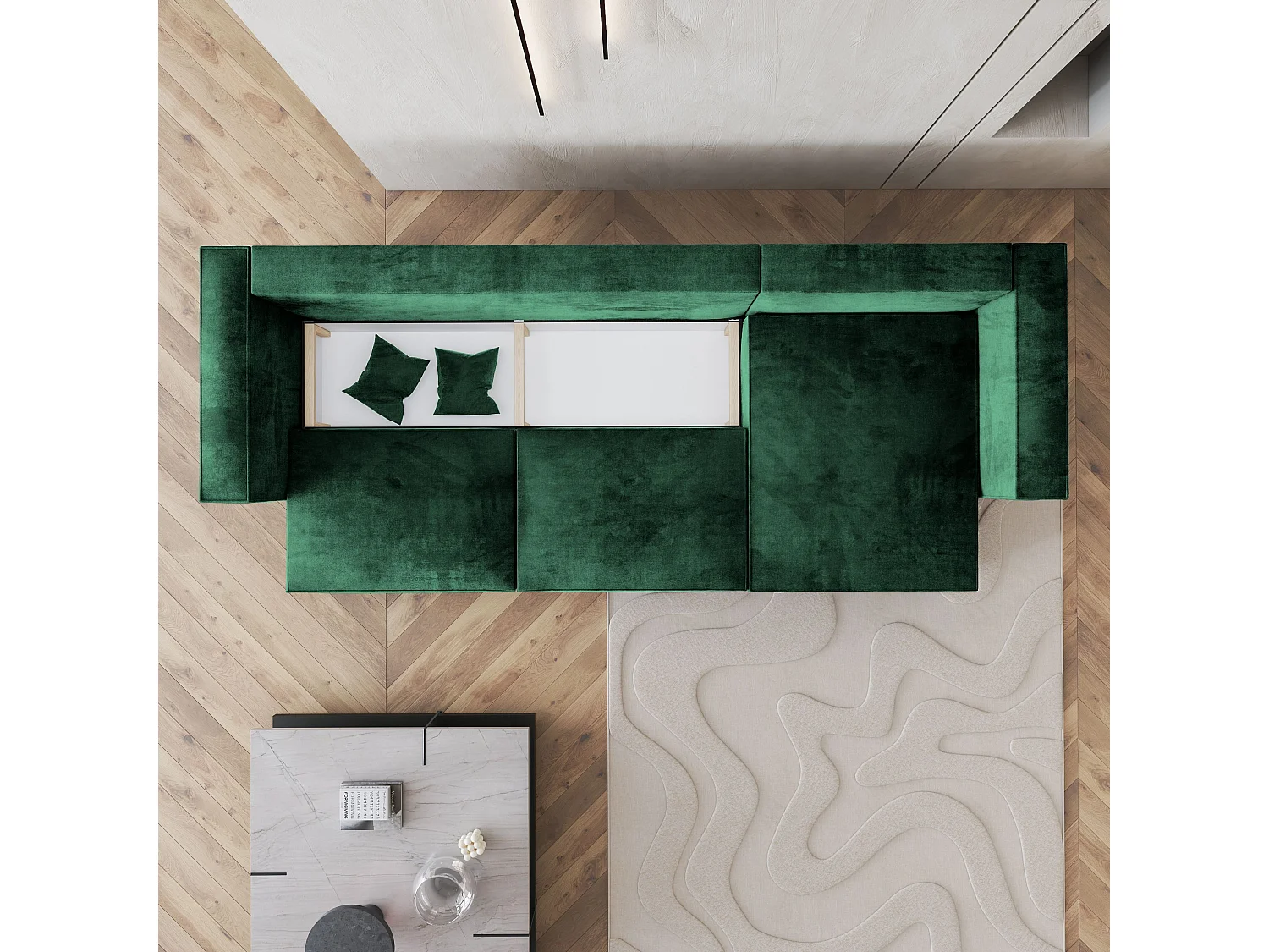 Canapé d'angle TOLMO Vert Sapin en velours avec fonction de couchage