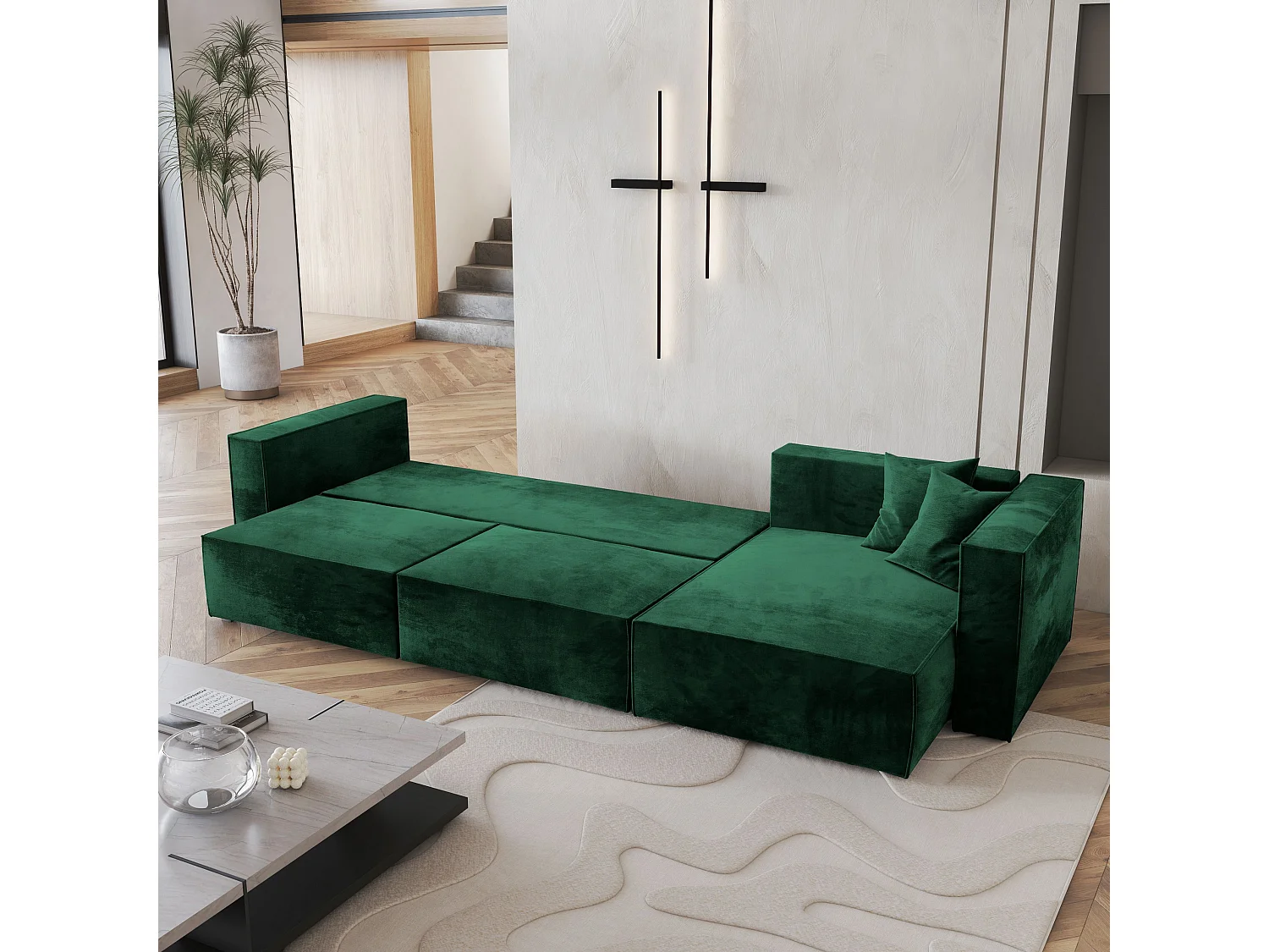 Canapé d'angle TOLMO Vert Sapin en velours avec fonction de couchage