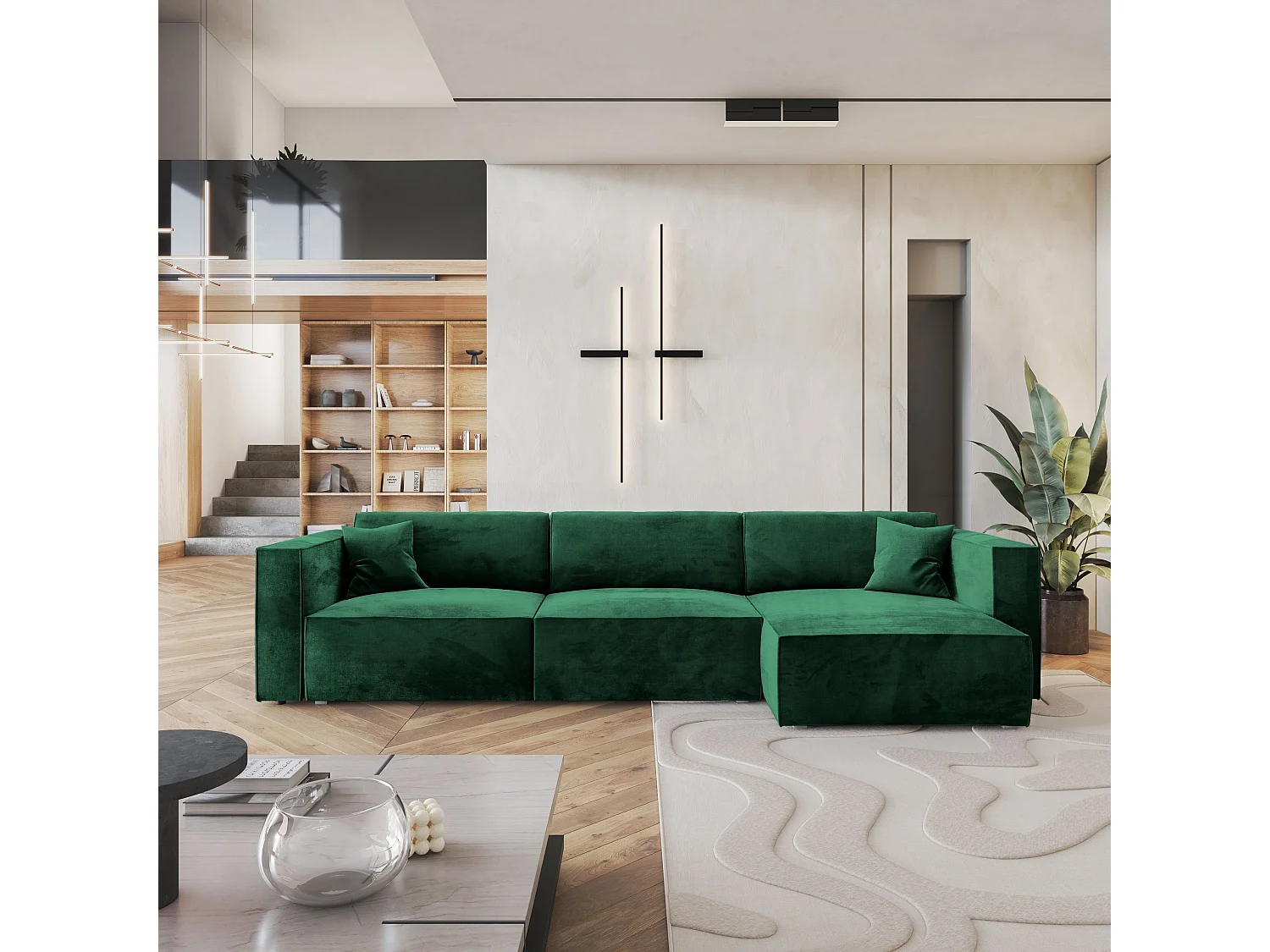 Canapé d'angle TOLMO Vert Sapin en velours avec fonction de couchage