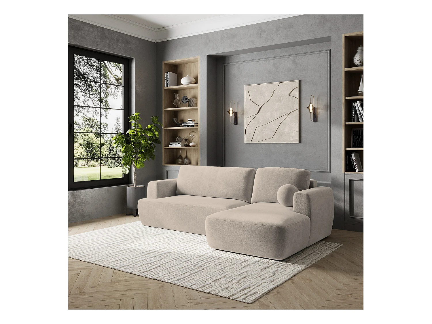 Canapé d'angle SENTI Beige en peluche avec fonction de couchage