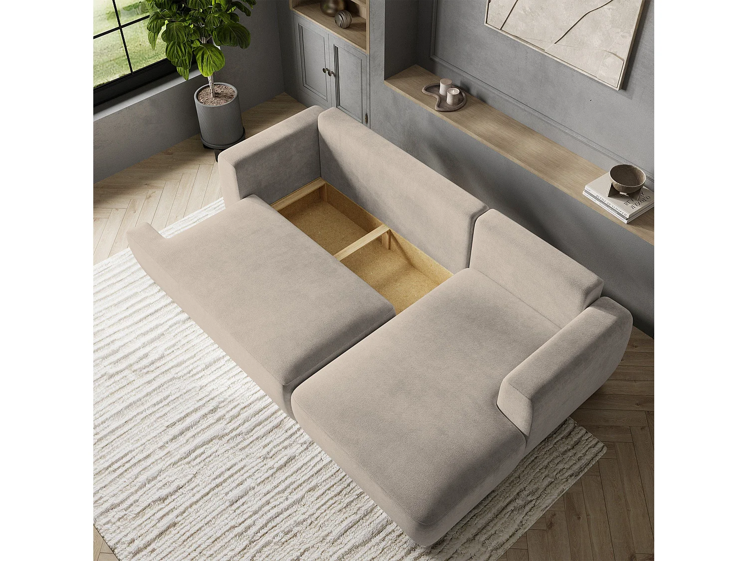 Canapé d'angle SENTI Beige en peluche avec fonction de couchage
