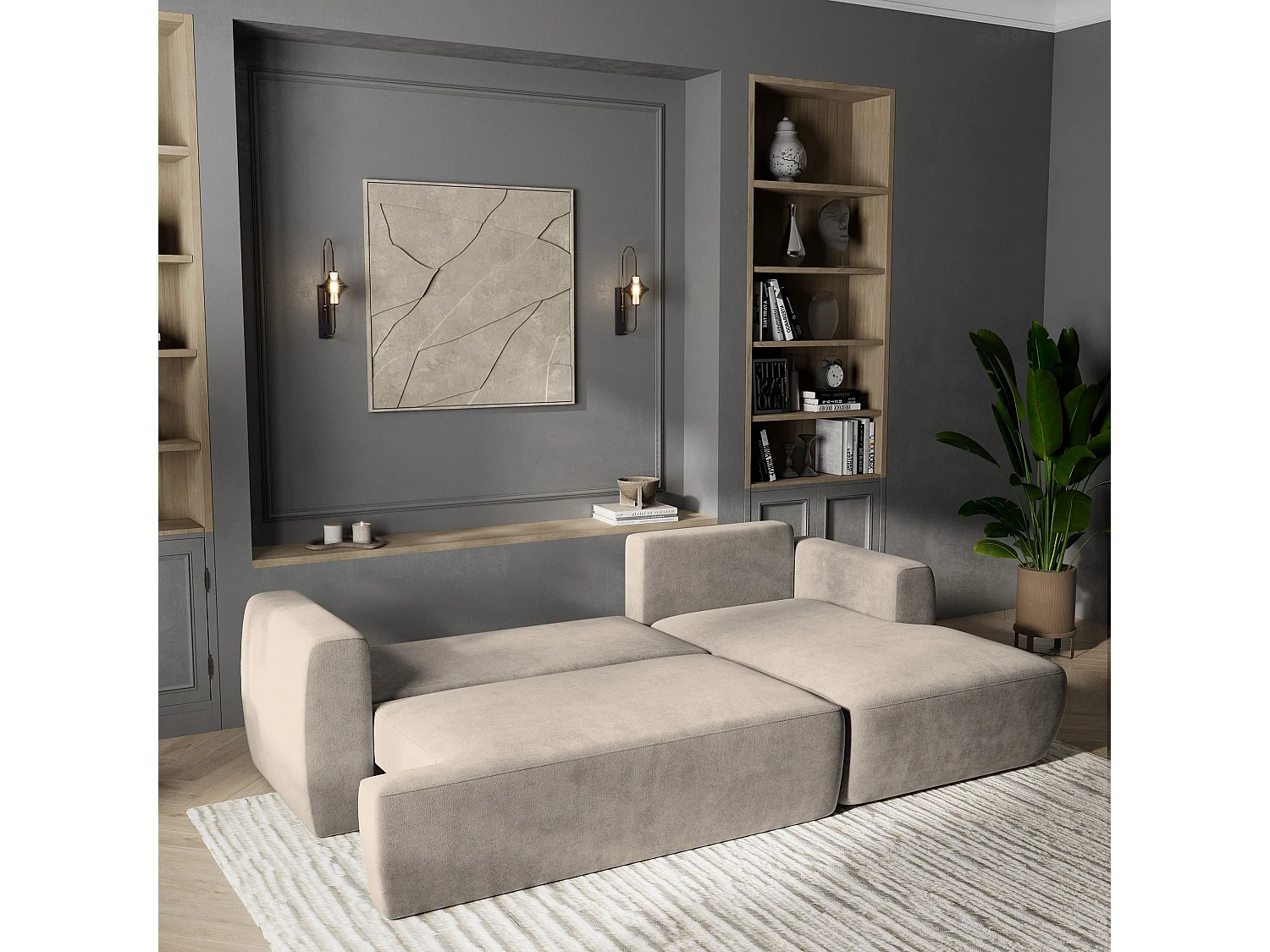 Canapé d'angle SENTI Beige en peluche avec fonction de couchage