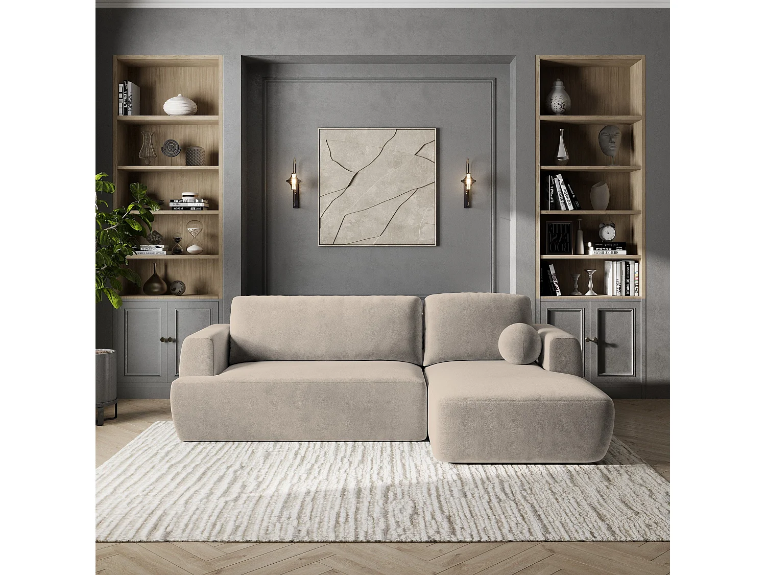 Canapé d'angle SENTI Beige en peluche avec fonction de couchage