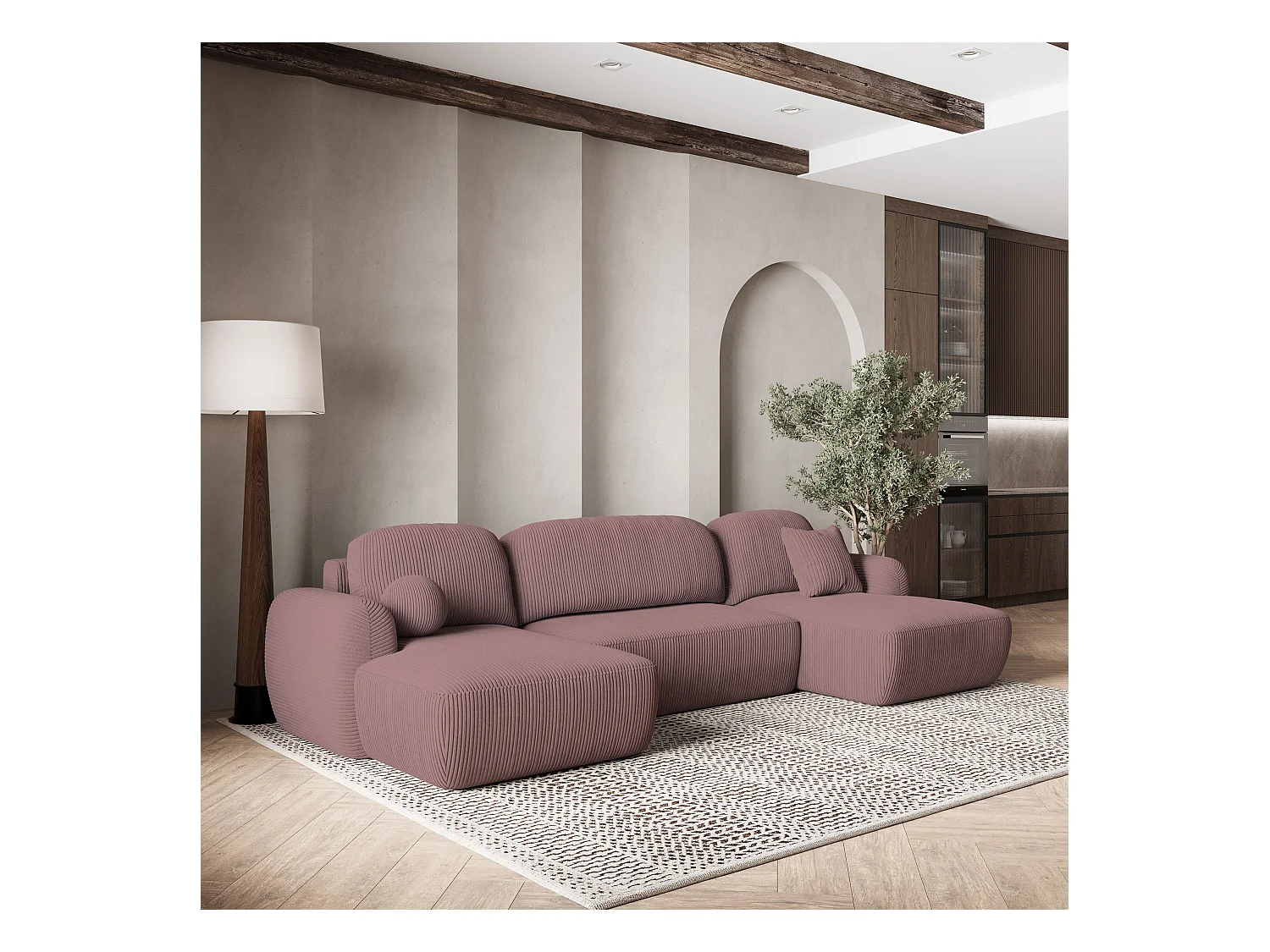 Canapé d'angle SAVONA Parme en velours côtelé avec fonction de couchage