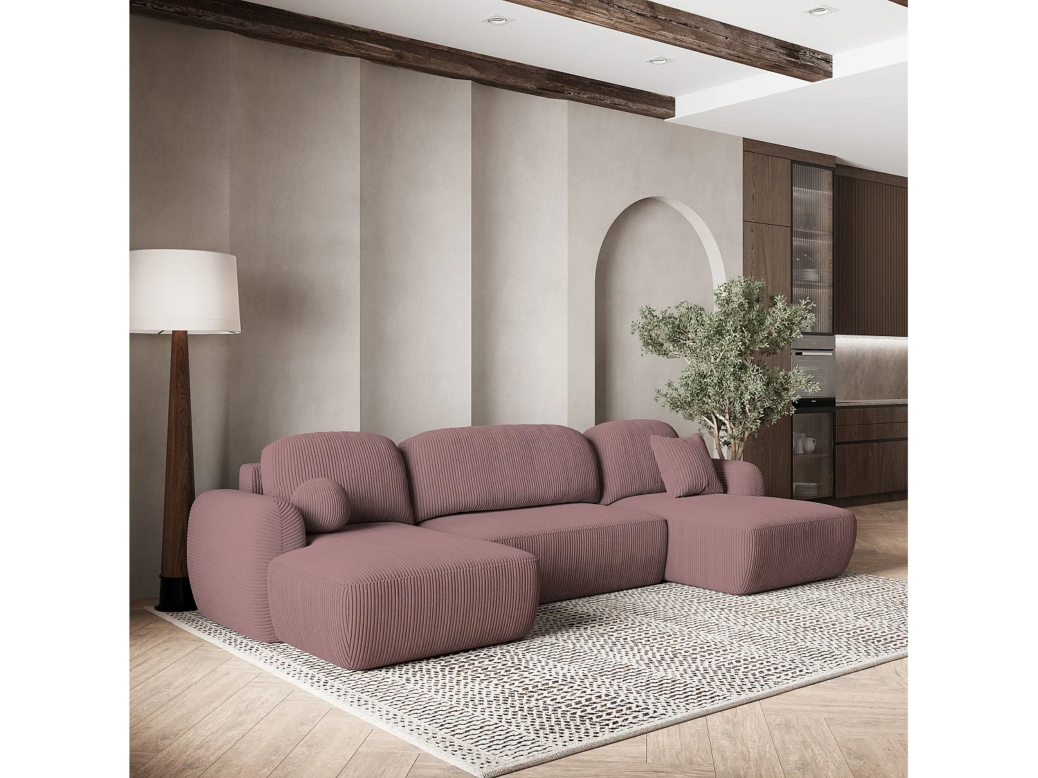 Canapé d'angle SAVONA Parme en velours côtelé avec fonction de couchage