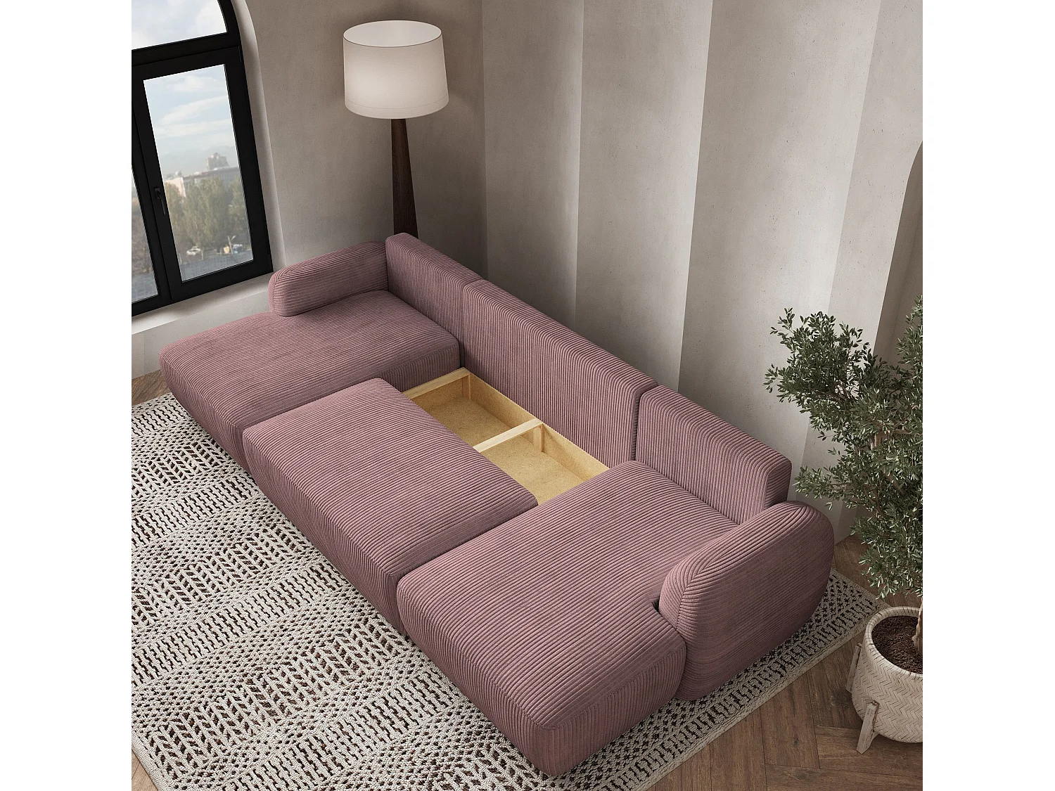 Canapé d'angle SAVONA Parme en velours côtelé avec fonction de couchage